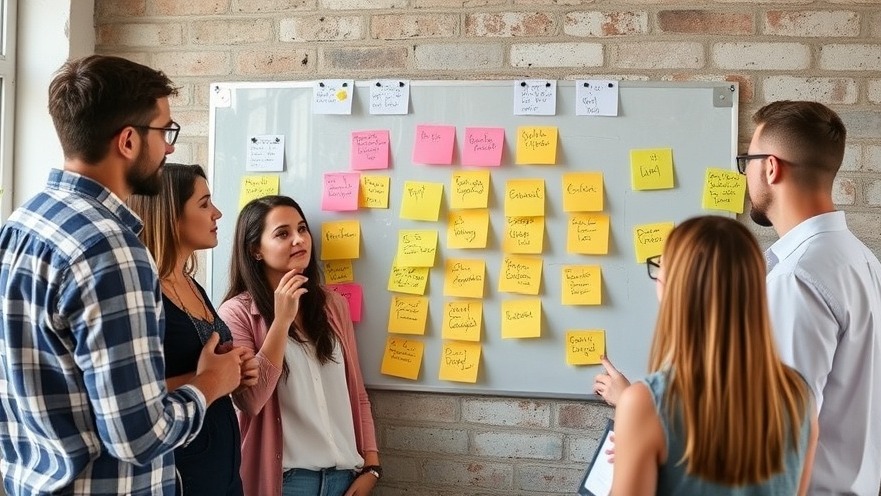 Creative team brainstorming content types using sticky notes in a collaborative workspace.