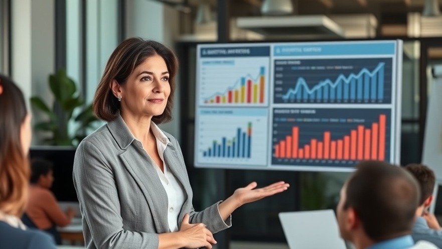 Mature female email marketing strategist presenting Email Marketing Strategies and Marketing Growth Trends on data visualizations.