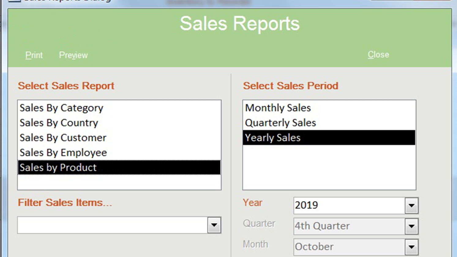 Custom sales report page for a Retail Sales Company, is an example of MS Access development