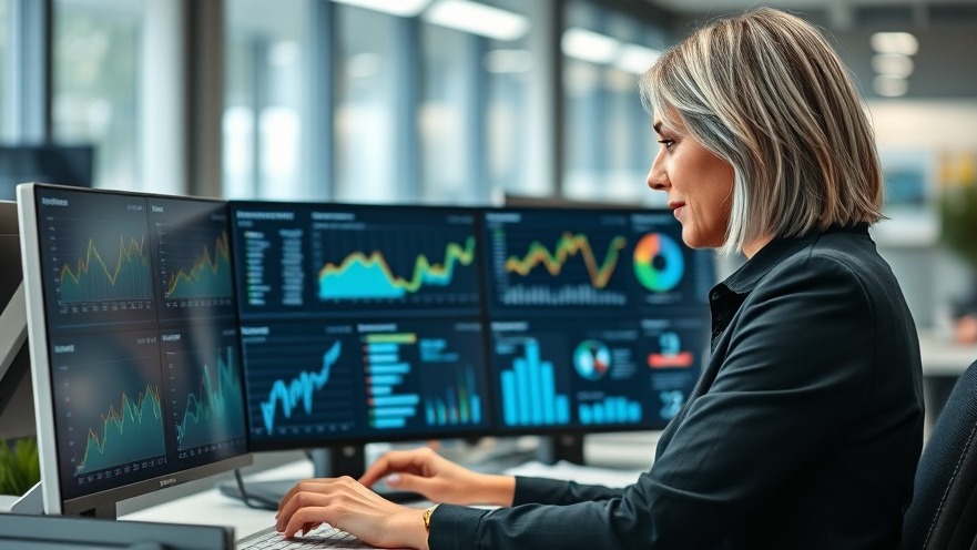 Gray-haired female SEO professional analyzing keyword research tools in a modern office.