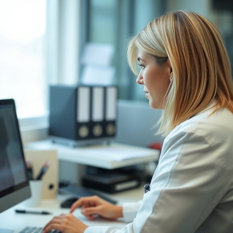 Blonde female doctor working at her desk, showcasing her profile view.