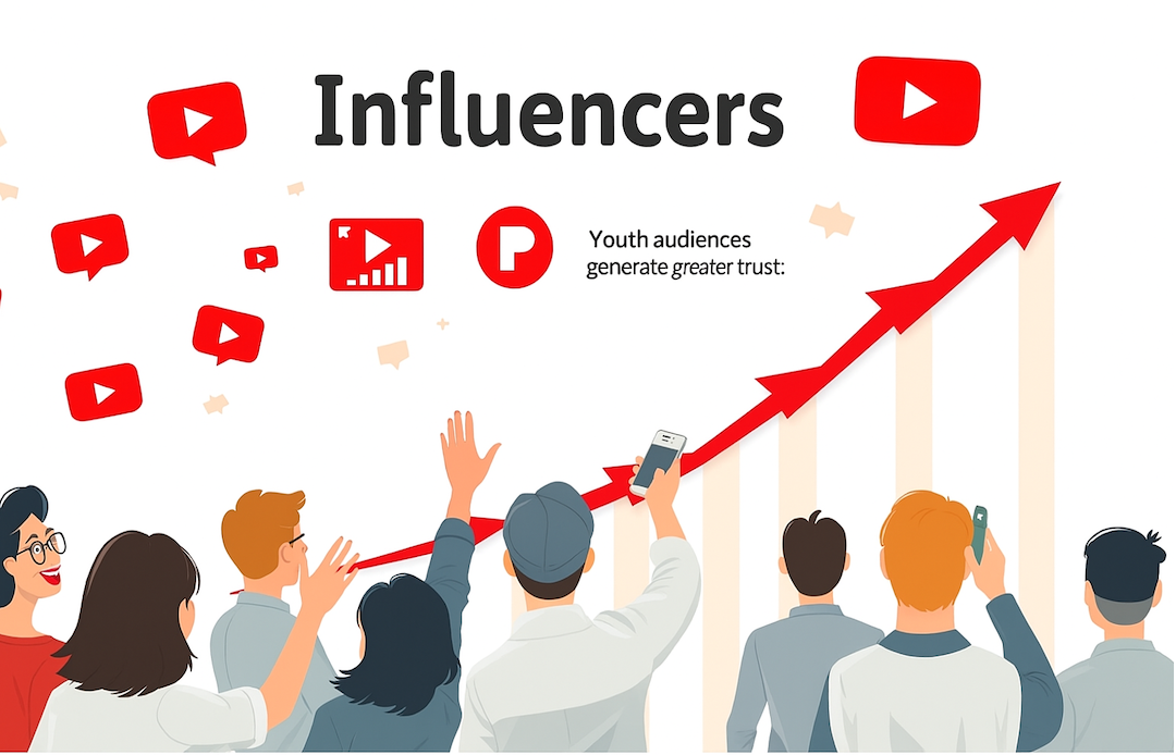 youtube influencer marketing engagement rates infographic, trust representation, trending charts, influencer audience icons, 2D cartoon, clean white background, YouTube red accents