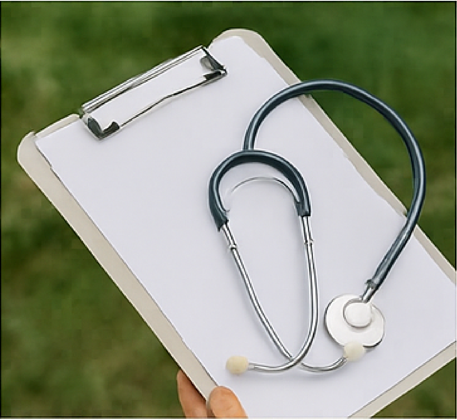 Stylized doctor's clipboard with patient record and stethoscope on white background