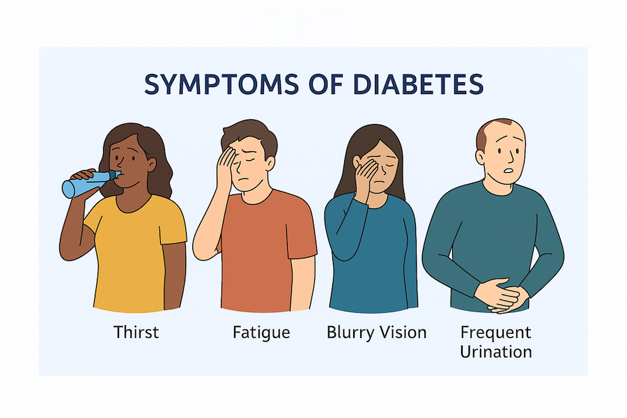 drawing of people with symptoms of diabetes: thirst, fatigue, blurry vision, frequent urination