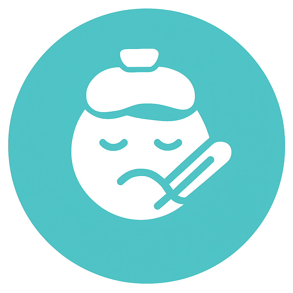 icon of acute care. teal circle with sick person. icepack on head and thermometer in mouth