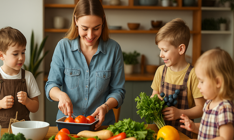Woman preparing a healthy meal with family in a photo realistic setting.