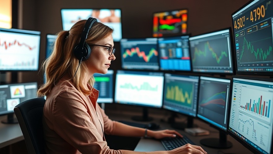 Female marketer, 40, analyzing advertising ROI using multiple monitors and software tools.