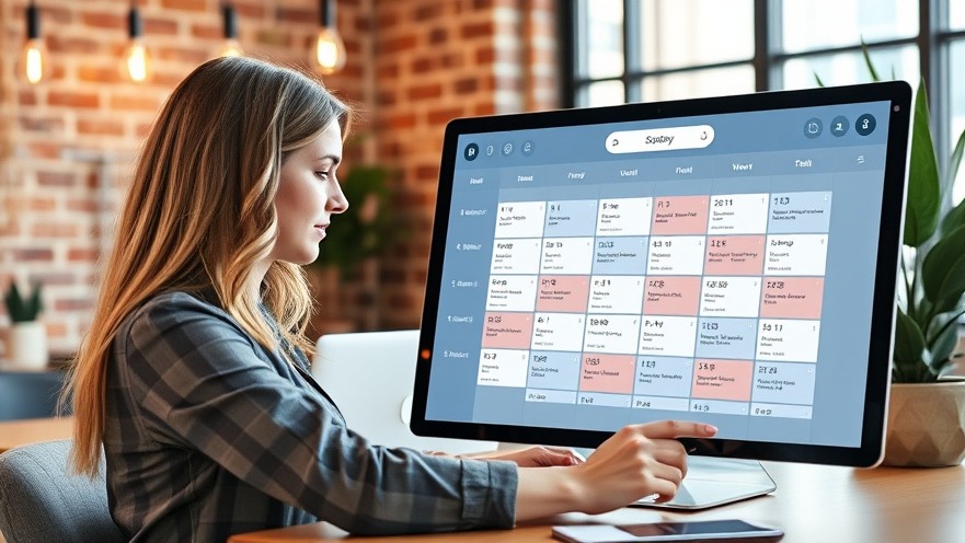 Female marketing manager organizing a digital content calendar in a stylish office.