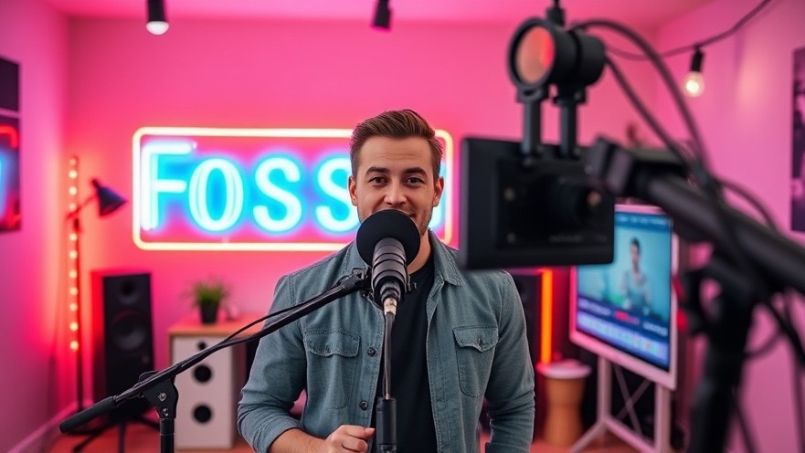 Influencer recording a video podcast in a modern home studio with neon lights.