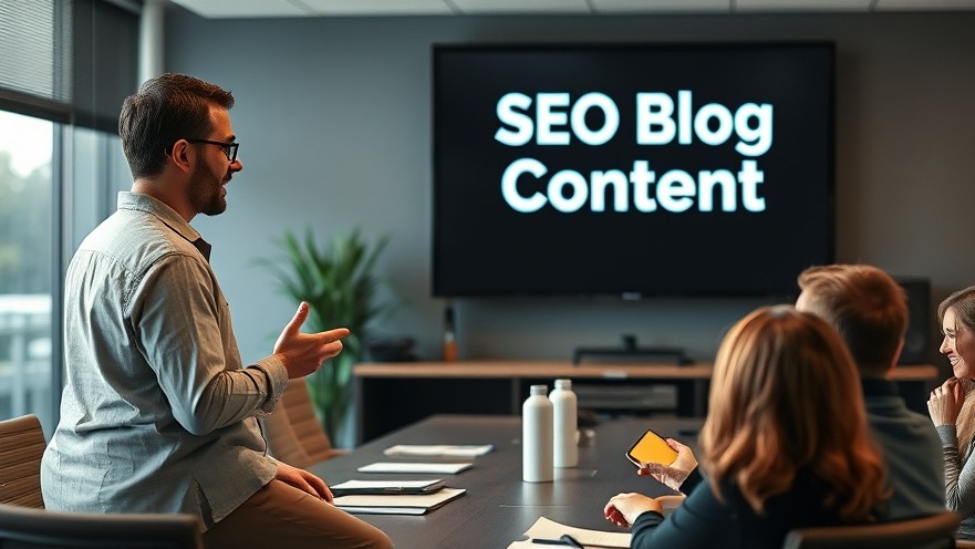 Engaging storyteller shares SEO copywriting tips in office, with 'SEO Blog Content' monitor.