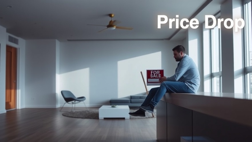 Distressed couple in empty condo with 'Price Drop' sign, reflecting real estate trends.