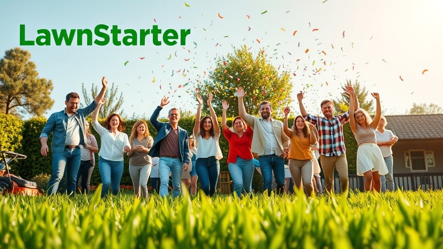 Promotional image showcasing LawnStarter app and achievements in outdoor services.
