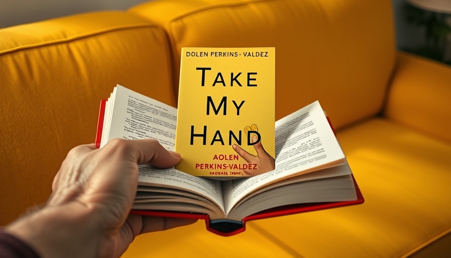 Take My Hand by Dolen Perkins-Valdez book club image with an open book and yellow couch.