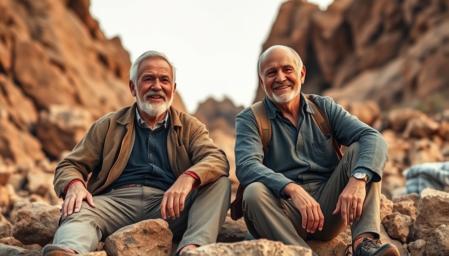 Two older men sitting on rocks, promoting health and well-being.