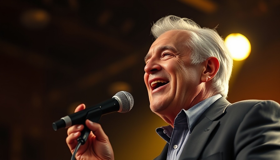 Distinguished older man speaking into microphone on stage, finding your voice at any age.