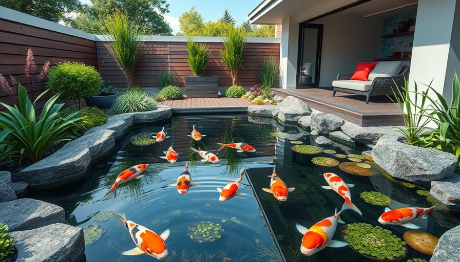 Elegant modern patio pond design with koi fish and lush plants.