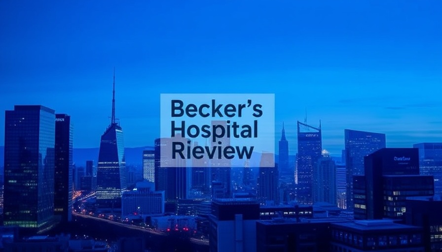 Logo of Becker's Hospital Review with a cityscape backdrop.