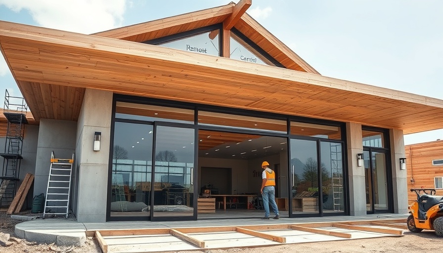 Modern building with oversized sliding doors at construction site.