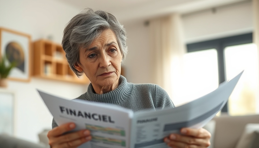 Concerned woman reviewing financial papers, senior debt crisis, natural lighting.