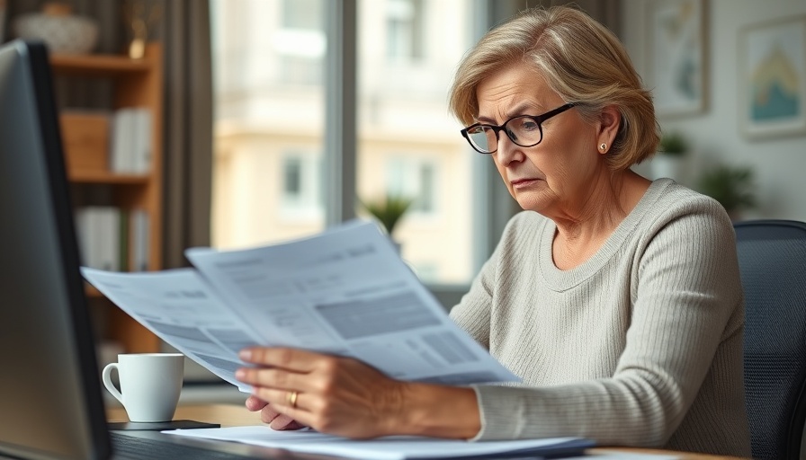 Senior woman looking concerned over bills at home office, exploring Senior Debt Solutions.