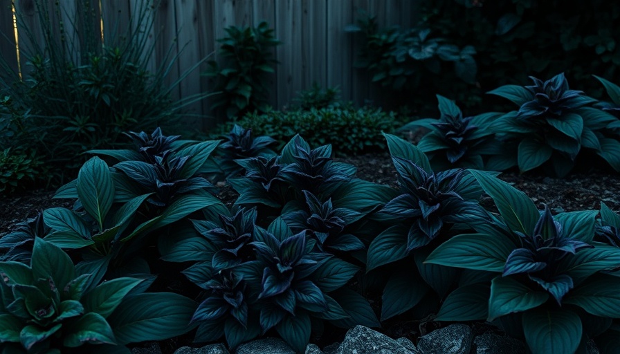 Goth garden design with dark foliage and stone edging.