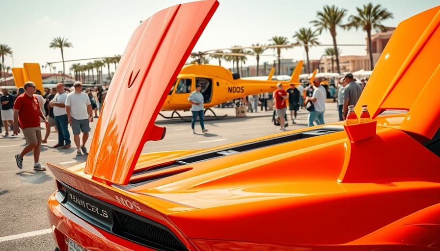 Orange sports car with hood open at Cars N Copters event, helicopter in background.