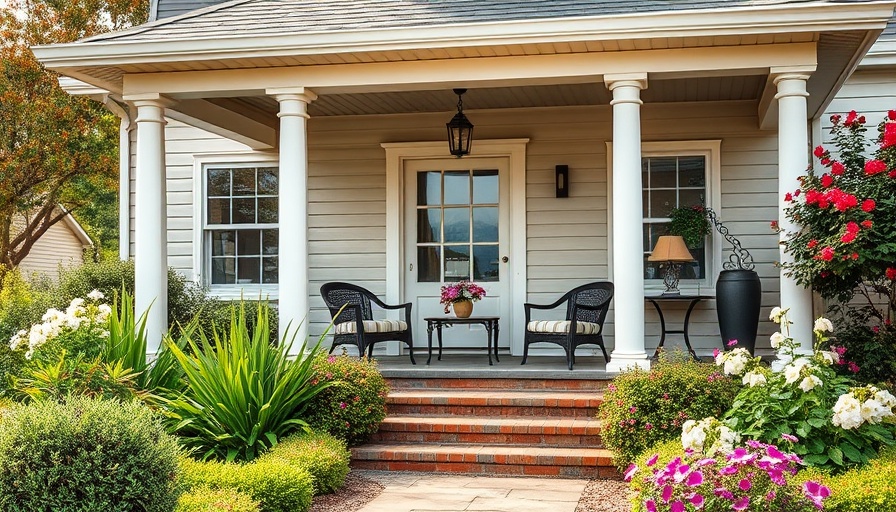 Inviting open front porch design with garden and furniture.