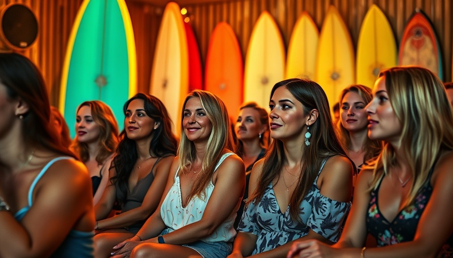 Attentive women seated at the SurfGirl 83 Launch Party with surfboards in the background.