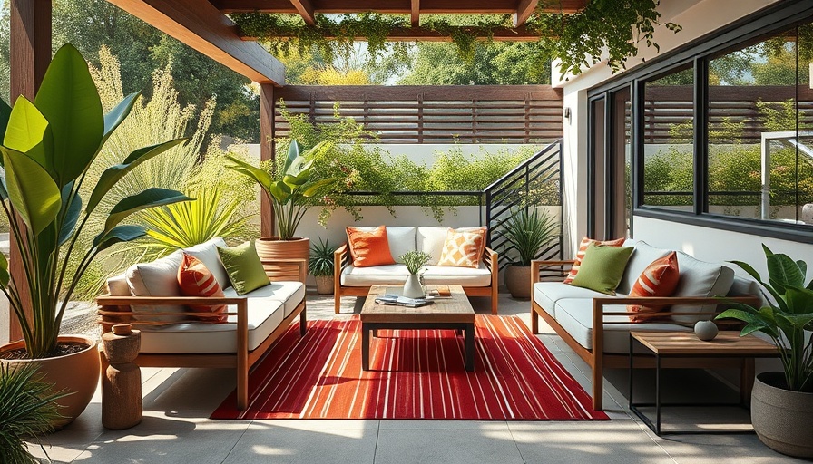Modern outdoor patio design with seating and striped rug.