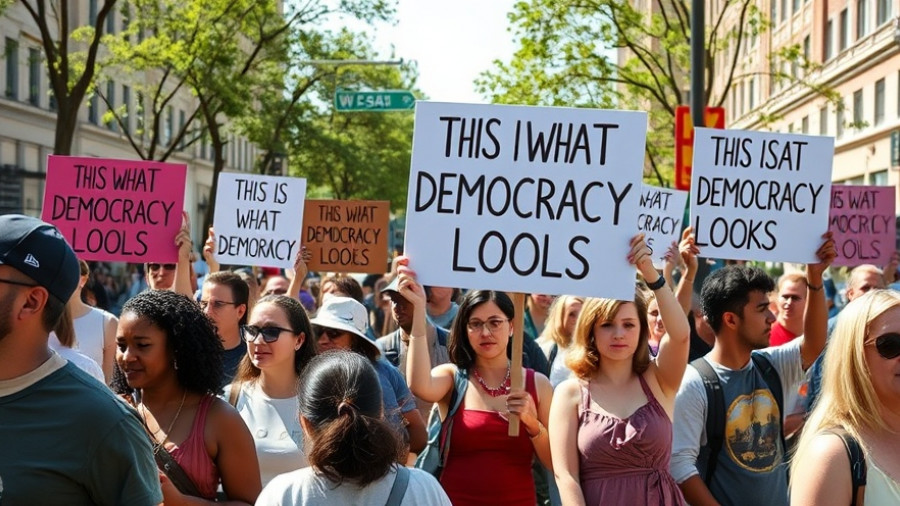 No Kings Day protests with people holding democracy sign.