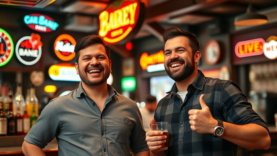 Two men in a bar, smiling and posing.