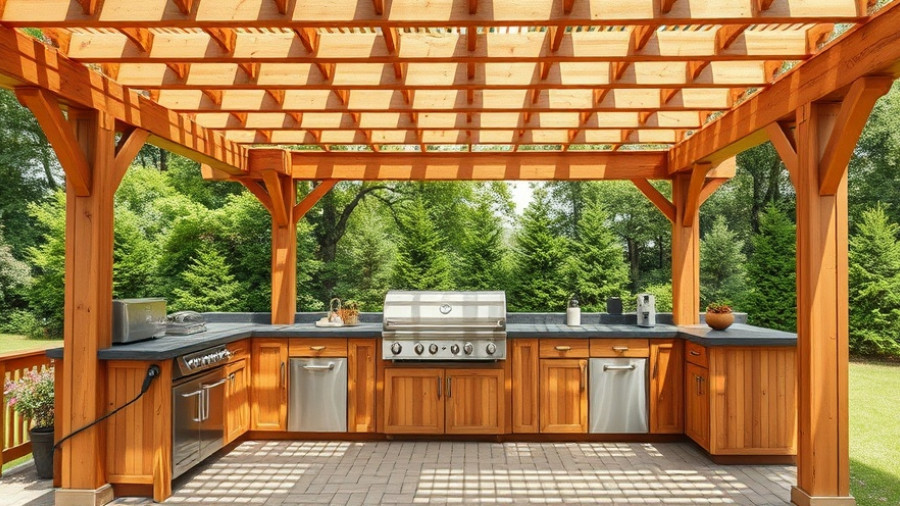 Cedar outdoor kitchen design ideas with pergola and grill.