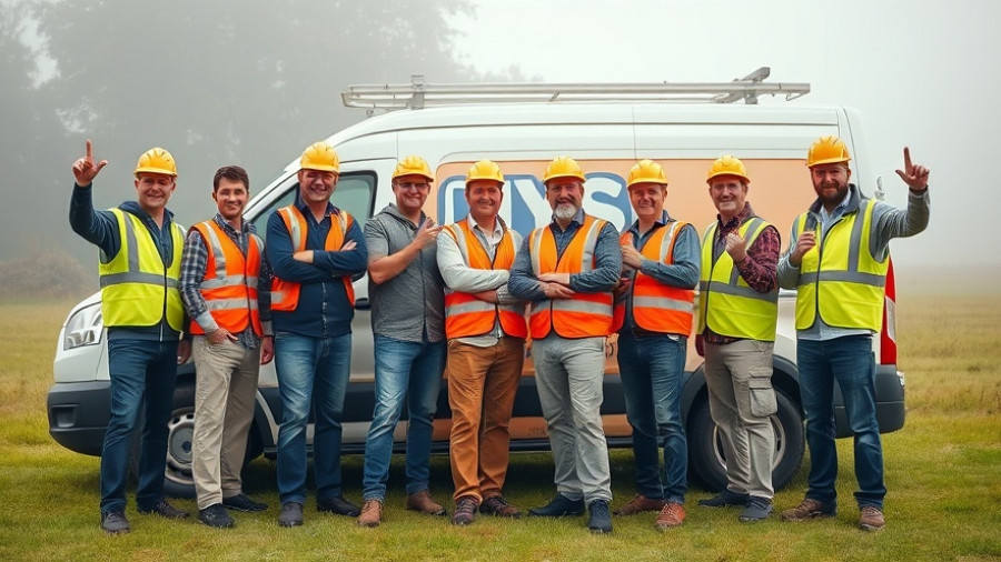 Cheerful DIY SOS team posing in front of branded van