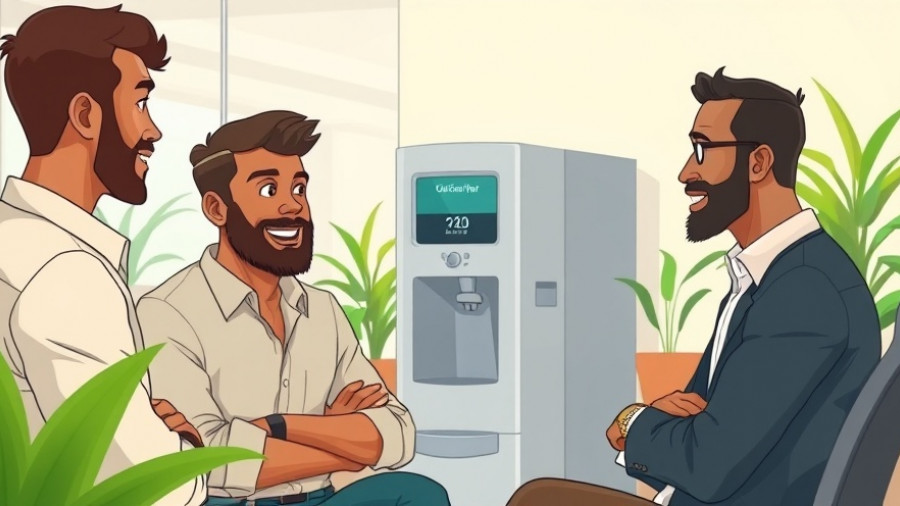 Diverse coworkers discussing at a water cooler, office environment.