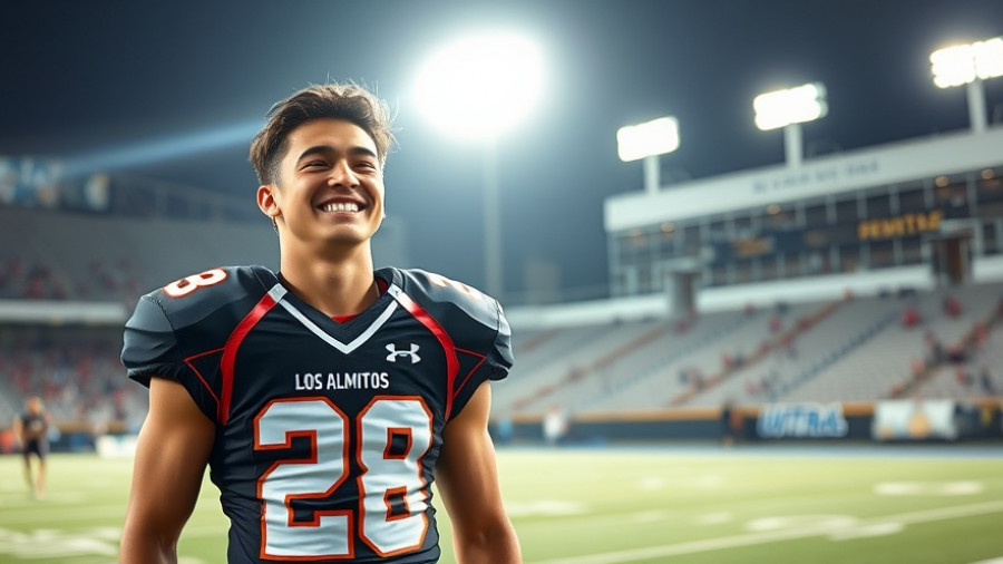 Los Alamitos football player celebrating victory on the field.