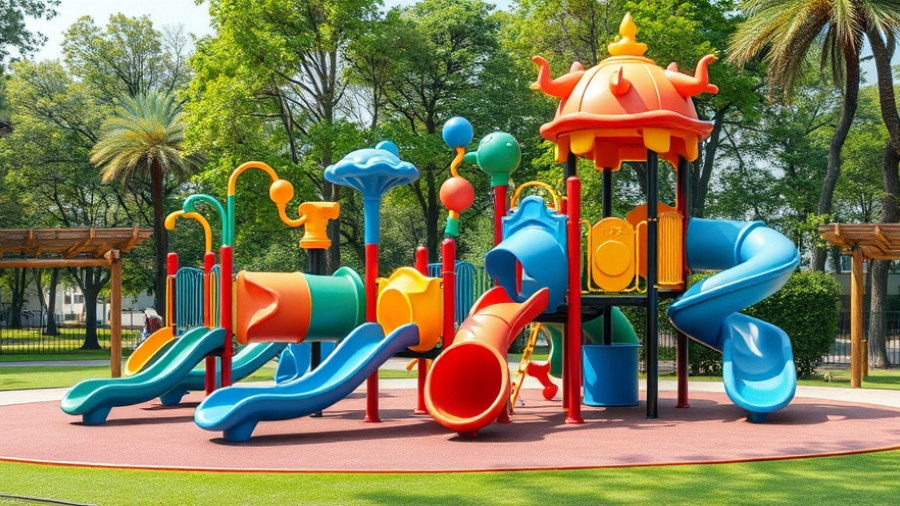 New Playground in Ramona Park with colorful equipment and slides.