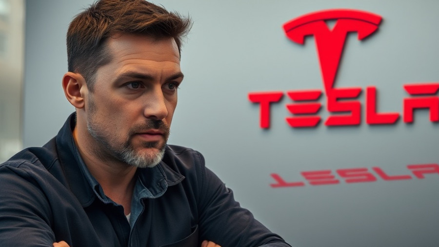 Focused man discussing beside Tesla logo, highlighting pay plan scrutiny.