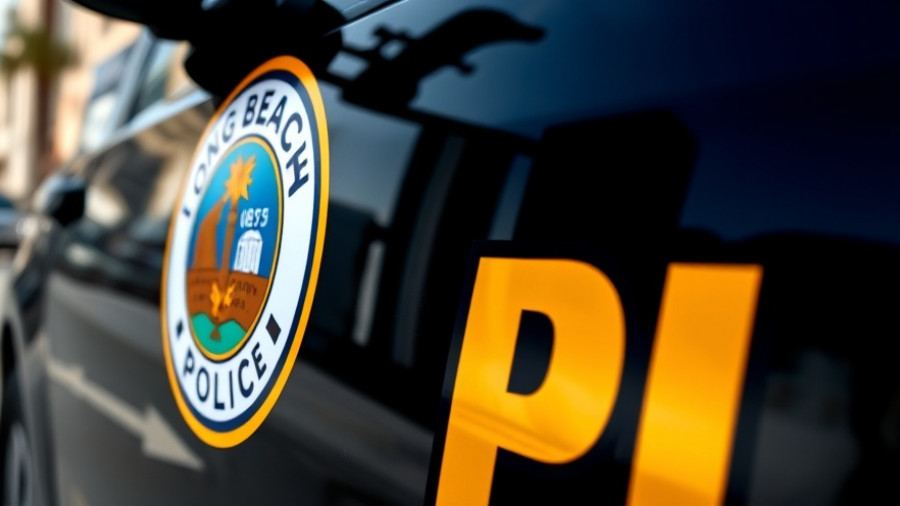 Close-up of Long Beach police emblem on vehicle, pedestrian safety Long Beach.