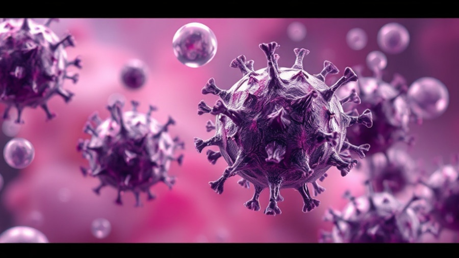 Intricate purple virus particles in a pink and purple nebulous environment.