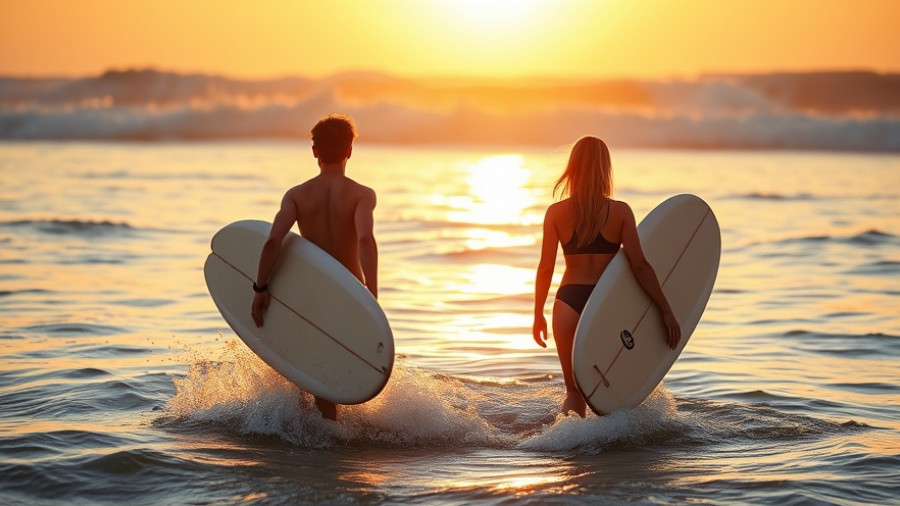 Man and woman heading into ocean with surfboards at sunset for women surf camps.