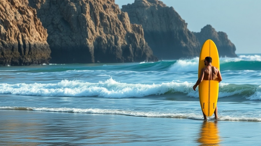 Solitary surfer on a special surfing day by rocky cliffs