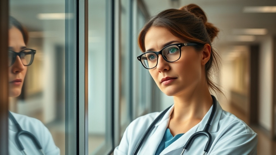 Exhausted female doctor in hospital corridor, highlighting Medicare physician exits in rural areas.