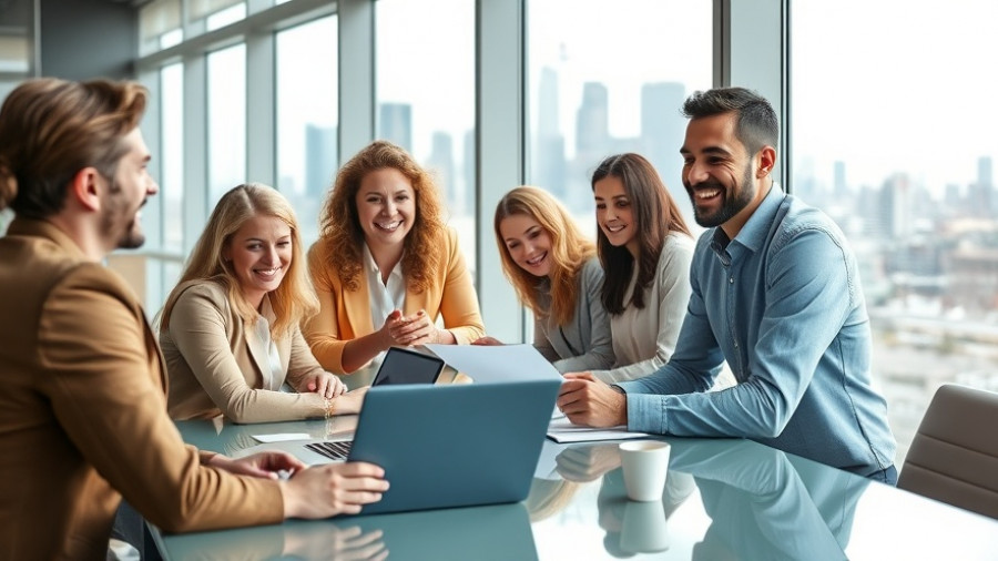 Diverse fintech hybrid workforce in modern office meeting with city view.