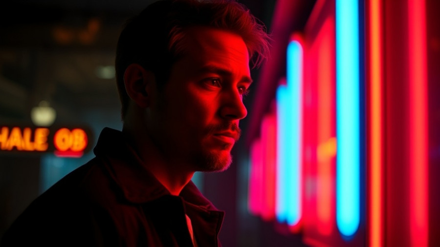 Moody portrait near glowing lights at Huntington Beach Halloween events