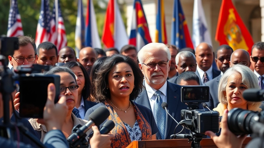 Diverse individuals addressing media on immigration raids investigation.
