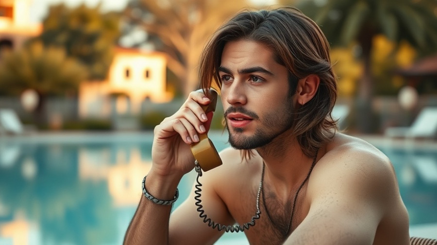 Young man by the poolside talking on vintage phone, is surfing safe?