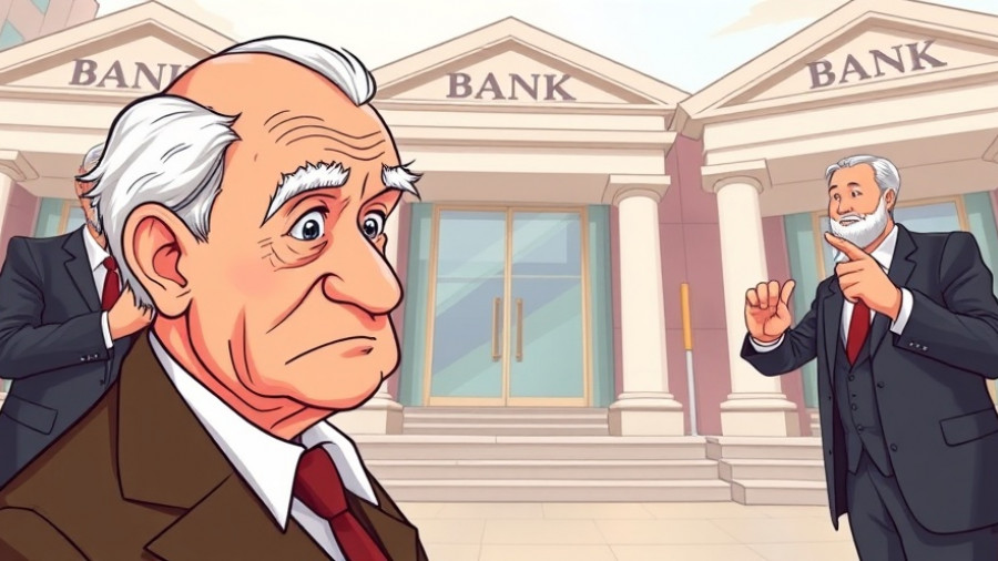 Cartoon of elderly man confronted by businessmen about employee benefits.