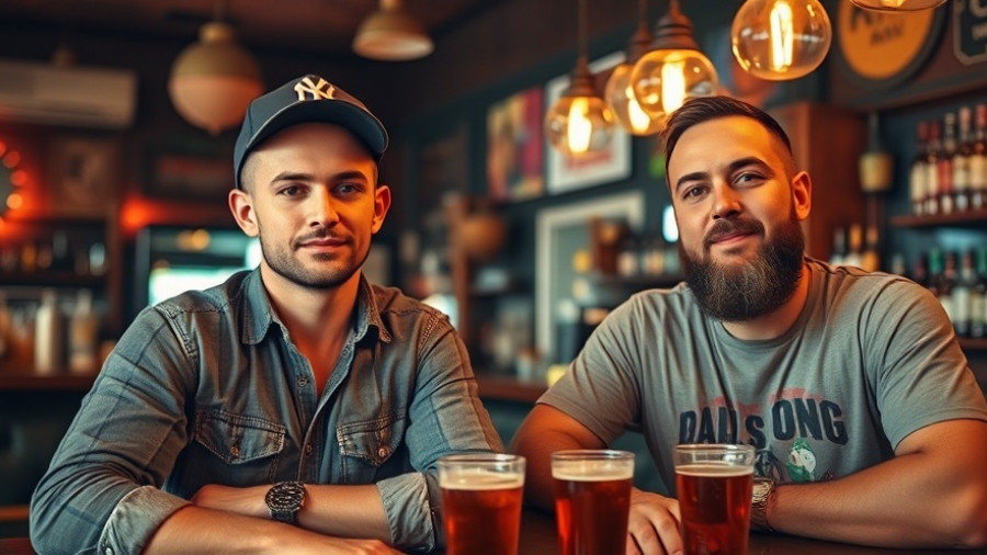 Casual scene with two men at a colorful Long Beach bar.