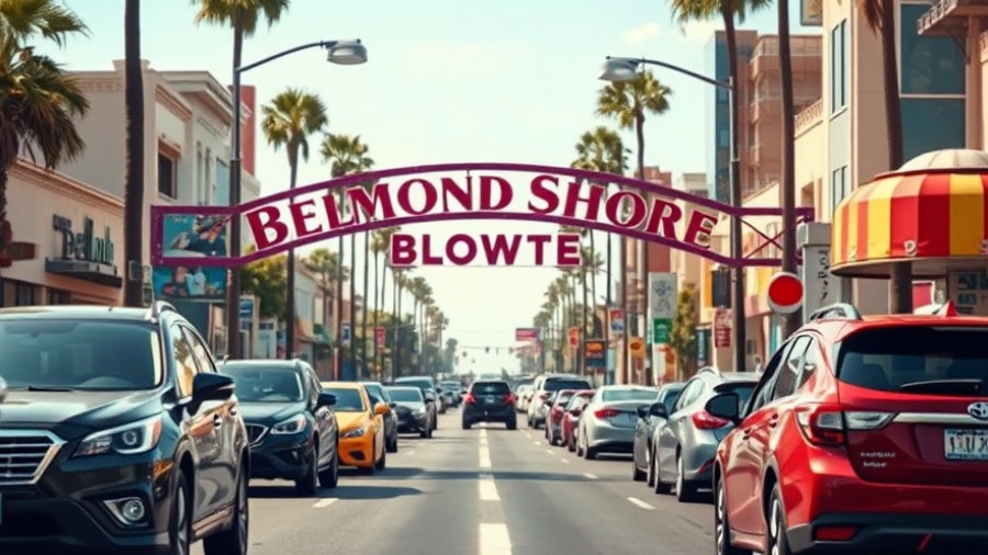 Belmont Shore sign amidst busy street traffic.
