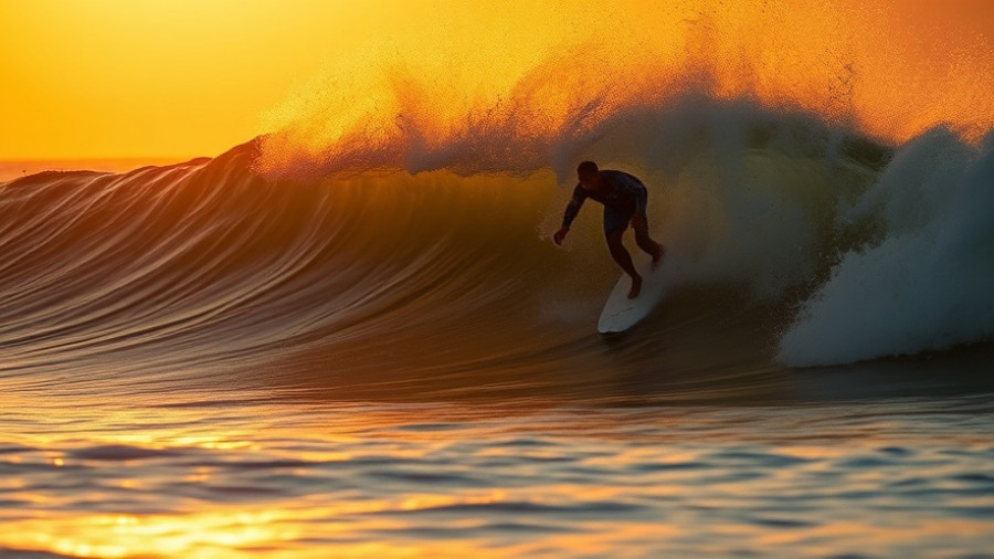 London Surf Film Festival 2025 poster featuring a surfer riding a wave at sunset.
